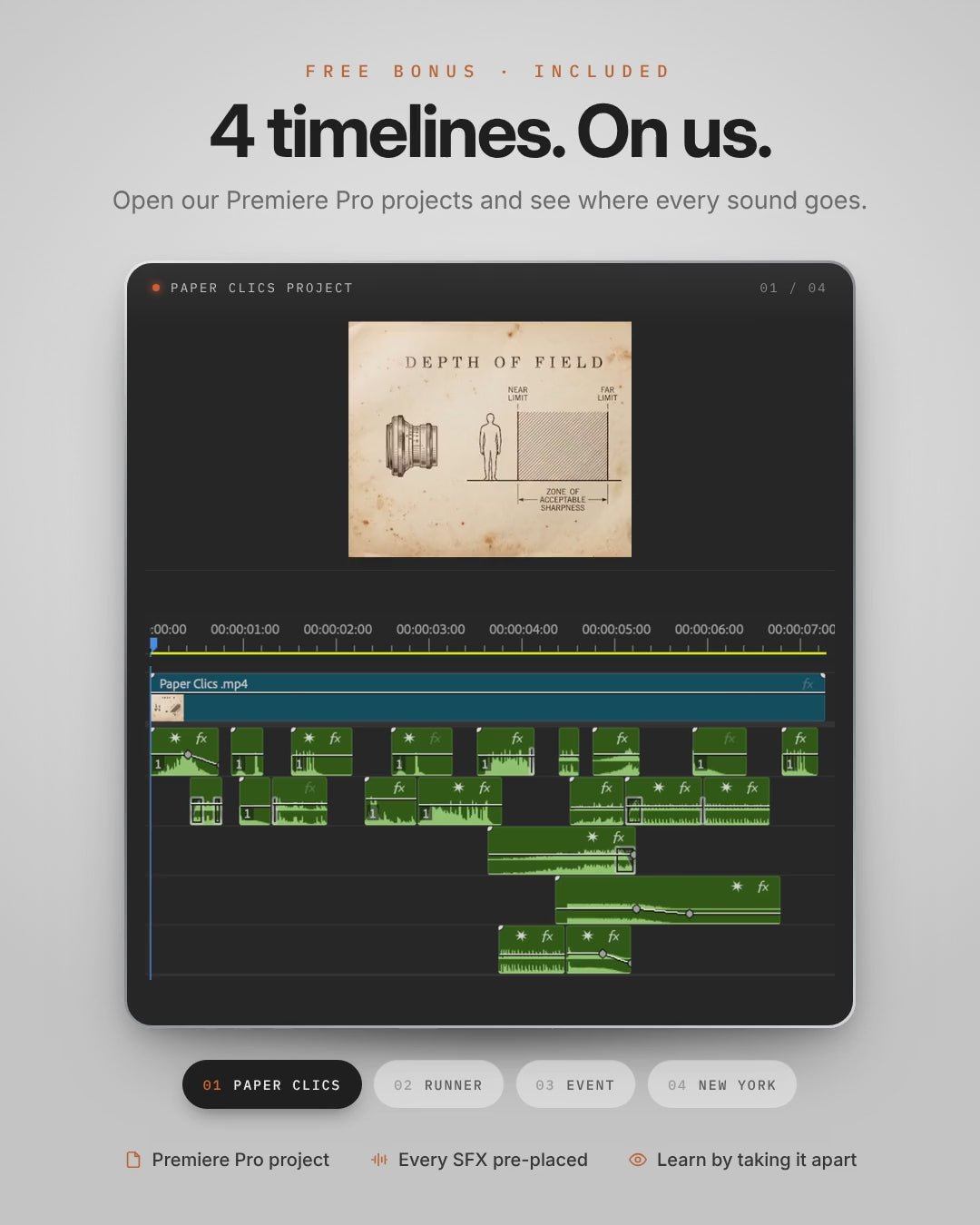 Free bonus: 4 Premiere Pro project timelines with every CineSFX sound pre-placed